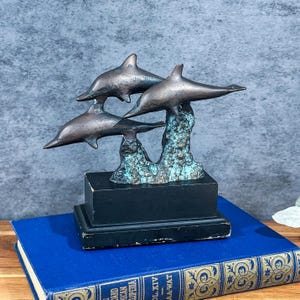 Vintage Bronze Dolphin Sculpture: Coastal Nautical Decor