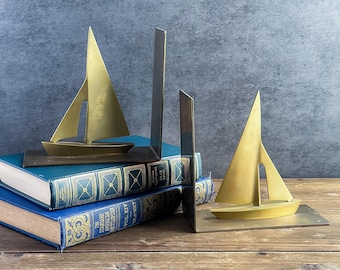 Pair of Vintage Brass Sailboat Bookends, Coastal Nautical Solid Brass Ship Book Holders, Mid Century Maritime Library Office Desk Decor