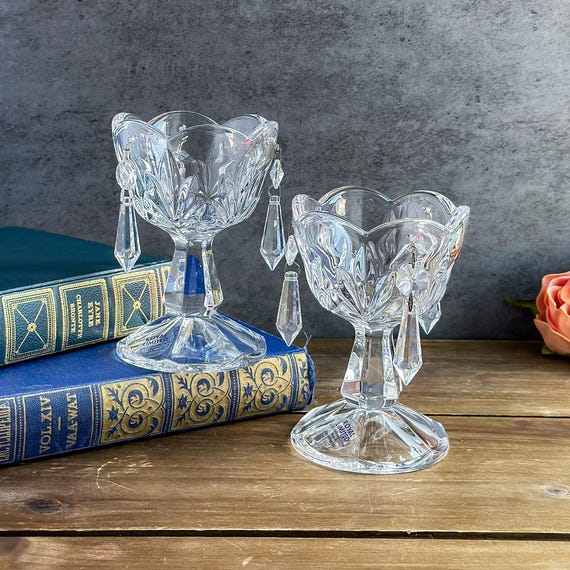Pair of Vintage Royal Limited Czech Crystal Candle Holders, 24% Full Lead Crystal Chandelier Cups with Hanging Prisms