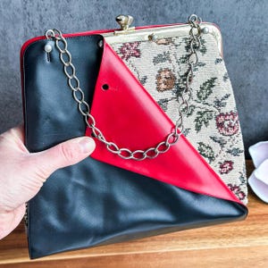 Bolso de mano vintage convertible, reversible, estilo tapiz, 3 en 1, estilo retro, con funda de piel sintética, asa de cadena dorada, tipo clutch vintage.