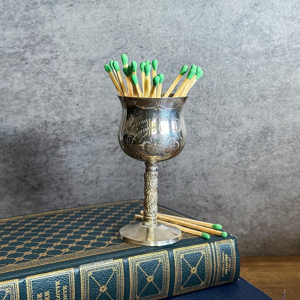 Vintage Tall Silver-tone Goblet Match Holder with Striker and Safety Matches Set, Candle Lighting Accessory, Housewarming Gift