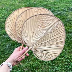 Set of 3 Vintage Palm Leaf Fans Hand Painted Bamboo with Birds Natural Handcrafted Decor Collectible Folk Art Accessory