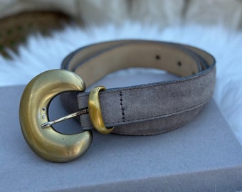 Vintage Neiman Marcus Gray Suede Leather Belt with Chunky Gold Tone Buckle - Size Large