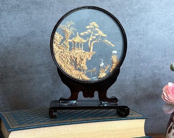 Vintage Chinese Carved Cork Diorama – Intricate Birds, Temples, and Trees, Read Description