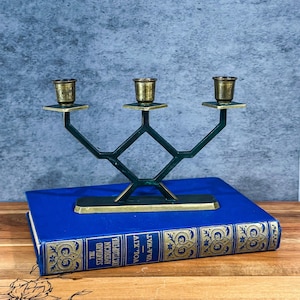 Vintage 3 Arm Candle Holder Menorah Judaica Sabbath Candlestick Green Gold Metal Candleholder Made in Israel Jewish Wedding Gift