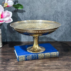 Vintage Etched Brass Peacock Bowl: Mid-Century Floral Centerpiece