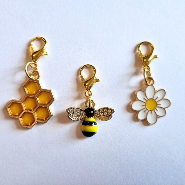 Handmade Bee Charms | Set of Three, Stitch Markers, Journal Charms, Zip Pulls, Purse Charms, Crochet, Knitting, Journalling, Daisy, Honey