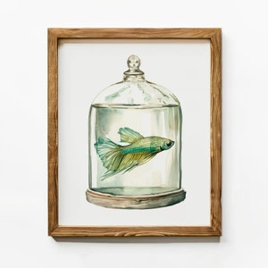 Green Fish in Glass Dome Printable Art Print | Digital Download | Original Watercolor Art Print
