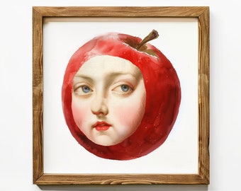 Apple with Face Watercolor Art Print | Printable Digital Art | Original Watercolor Painting | Downloadable Prints | Instant Download