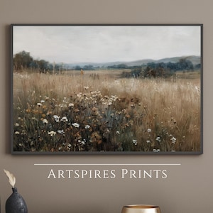 Printable Wildflower Field Landscape Oil Painting, Rustic Meadow Floral Wall Art, Vintage Digital Wall Art Downloadable, Printable Wall Art image 2