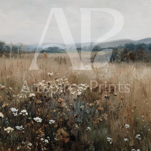 May include: A landscape painting depicting a field of tall grasses and wildflowers in muted tones of brown, beige, and white. The background features rolling hills and a cloudy sky, evoking a sense of calm and natural beauty.
