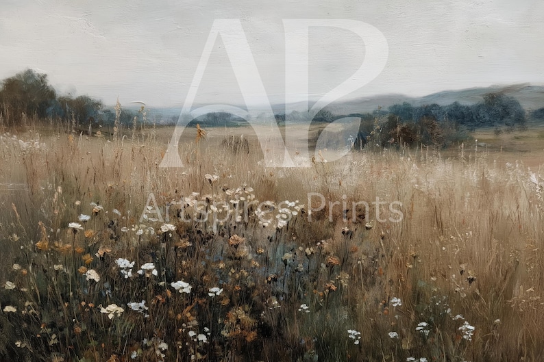 May include: A landscape painting depicting a field of tall grasses and wildflowers in muted tones of brown, beige, and white. The background features rolling hills and a cloudy sky, evoking a sense of calm and natural beauty.