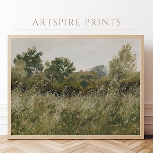 Wildflower Field Landscape Painting, Vintage Meadow Landscape Art Print, Digital Wall Art Download, Summer Farmhouse Decor, Printable Art