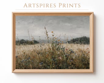 Könnte beinhalten: Ein gerahmter Druck eines Feldes mit hohem Gras und Wildblumen unter einem bewölkten Himmel. Das Kunstwerk in einem Holzrahmen weist eine gedämpfte Farbpalette aus Beige, Grün und Blau auf. Der Text "ARTSPIRES PRINTS" befindet sich oben.