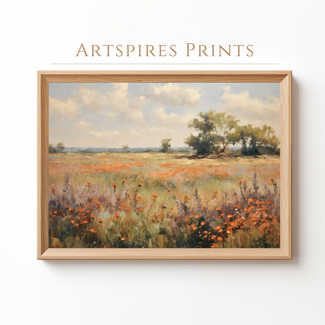 Printable Wildflower Field Landscape Oil Painting, Vintage Country ...
