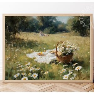 Printable Wildflower Spring Picnic Art, Farmhouse Print Spring Decor, Vintage Oil Painting, Spring Meadow Print, Digital Download Artwork
