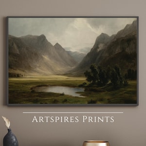 Printable Mountain Valley Landscape Oil Painting, Peaceful Pond Wall Art, Moody Nature Scene, Countryside Wall Decor Digital Download