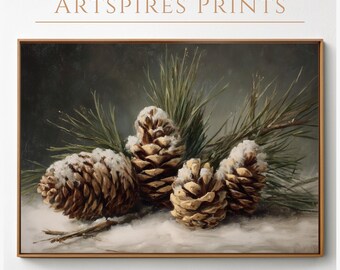 Snowy Pine Cone Wall Art | Rustic Winter Woodland Painting Print | Cozy Christmas Cabin Holiday Decor | Printable Nature Wall Artwork