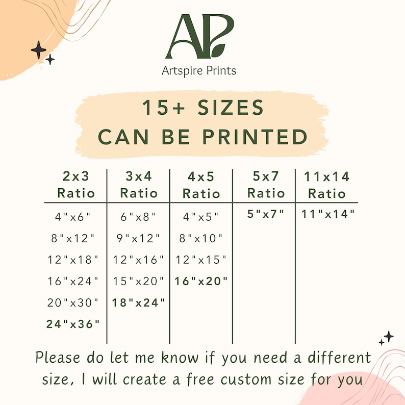 May include: A print size chart with the logo "AP Artspire Prints" at the top. The chart lists various print sizes in inches, including 4x6, 8x12, 12x18, 16x24, 20x30, and 24x36, with the text "15+ SIZES CAN BE PRINTED".