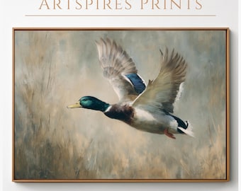 Printable Rustic Bird Duck Wall Art, Flying Mallard Duck Painting, Wildlife Bird Wall Decor, Spring Bird Print, Vintage Nursery Decor