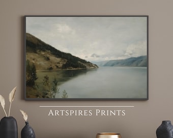 Arte mural imprimible con paisaje fluvial, impresiones tranquilas, pintura rústica de valle montañoso, decoración de pared estilo cottagecore, obra de arte digital descargable
