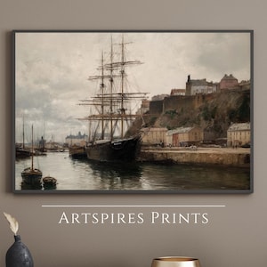 Vintage Ship Nautical Print, Antique Ship Oil Painting, Rustic Harbour Painting, Seascape Art, Nautical Ocean Wall Art, Digital Download Art