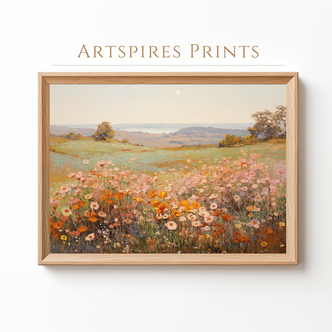 Printable Wildflower Field Landscape Oil Painting, Vintage Country ...