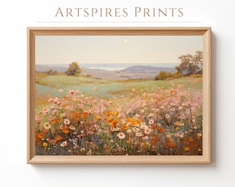 May include: A painting of a field of wildflowers in shades of pink, orange, and yellow. The field is in the foreground, with a distant view of a lake and hills in the background. The sky is a light blue with a white sun.