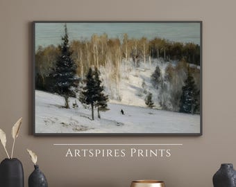 May include: Framed winter landscape art print. The artwork depicts a snowy hillside with evergreen trees and a skier. The background features a forest of bare trees and a pale blue sky. The text "ARTSPIRES PRINTS" is at the bottom.
