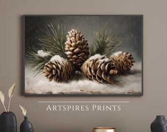 Christmas Pinecone Decor, Rustic Christmas Wall Art, Printable Snow Covered Pine Cone Painting, Holiday Farmhouse Decor, Digital Download