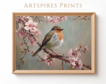 Impresión de pájaro con flor de cerezo: arte de pared primaveral estilo cottagecore (descarga digital)