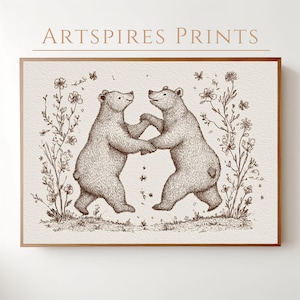 Cute Dancing Bears Drawing, Nursery Woodland Bear Wall Art, Neutral Cottagecore Kids Wall Decor, Digital Download Printable Art, Bear Print