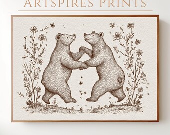Cute Dancing Bears Drawing, Nursery Woodland Bear Wall Art, Neutral Cottagecore Kids Wall Decor, Digital Download Printable Art, Bear Print