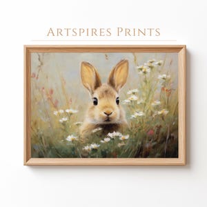 Easter Bunny Floral Wall Art, Spring Bunny Rabbit in Wildflower Field Printable, Vintage Spring Rabbit Painting, Woodland Nursery Decor
