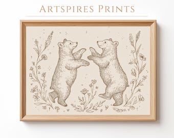Printable Woodland Bear Art, Nursery Animals Wall Art, Dancing Bear Print, Downloadable Kids Room Decor, Forest Animal Wall Art