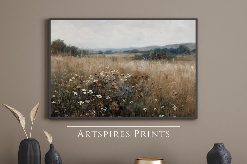 Printable Wildflower Field Landscape Oil Painting, Rustic Meadow Floral Wall Art, Vintage Digital Wall Art Downloadable, Printable Wall Art image 2