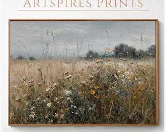 Printable Wildflower Meadow Wall Art Print, Vintage Field Painting with Flowers & Grass, Cottagecore Nature Decor, Floral Field Wall Art