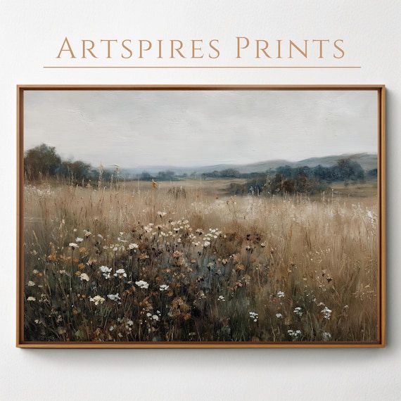 Printable Wildflower Field Landscape Oil Painting, Rustic Meadow Floral Wall Art, Vintage Digital Wall Art Downloadable, Printable Wall Art