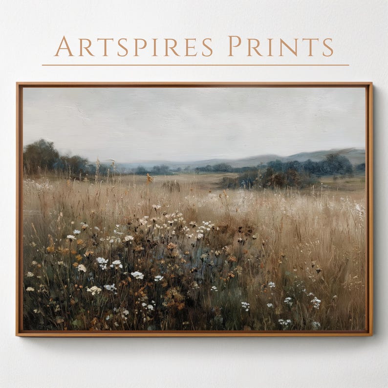 Printable Wildflower Field Landscape Oil Painting, Rustic Meadow Floral Wall Art, Vintage Digital Wall Art Downloadable, Printable Wall Art image 1