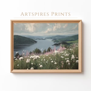 Pink Wildflower Field Print, Lake and Hills Landscape Art, Peaceful Nature Scene, White Meadow Printable Art, Instant Digital Wall Download