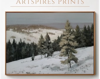 May include: A framed landscape print featuring a snowy hillside with evergreen trees. The artwork has a muted color palette of gray, white, and brown. The text "ARTSPIRES PRINTS" is above the framed print.