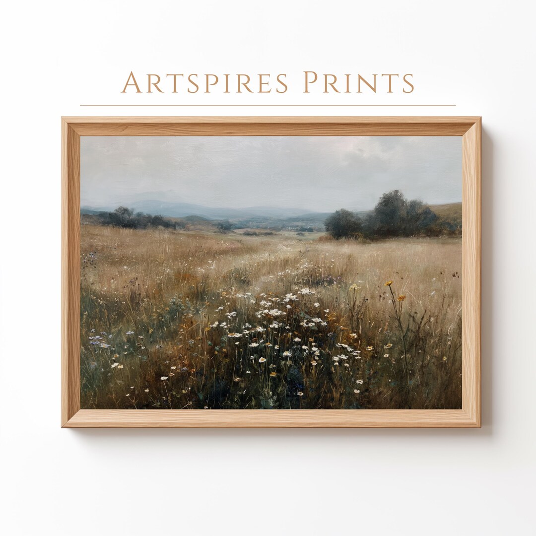 Wildflower Field Landscape Painting, Rustic Floral Wall Art Print ...