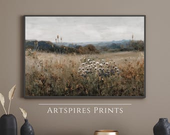 Printable Wildflower Landscape Painting, Rustic Meadow Floral Wall Art, Soft Neutral Countryside Art, Botanical Nature-Inspired Room Accent