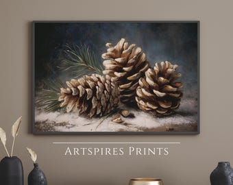 Christmas Pine Cone Wall Art | Winter Pinecone Painting | Snow Woodland Print | Cabin Holiday Nature Decor | Christmas Rustic Home Wall Art