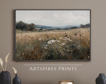 Printable Wildflower Field Landscape Painting, Vintage Neutral Wall Art, Rustic Landscape Digital Download, Country Meadow Large Wall Decor