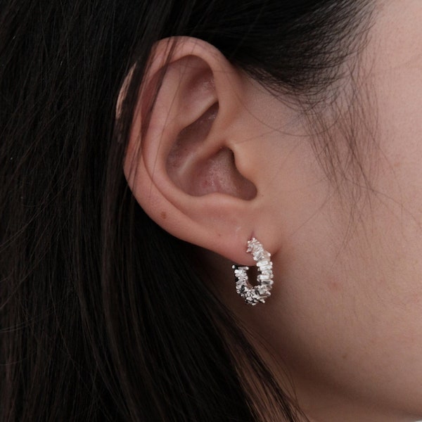 Sterling Silver Hoop | Glittering Shiny Hoop | Silver Glitter Earrings | Sparkle Silver Earring | Shimmering Silver Sparkly Earrings