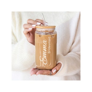 Personalisierter Becher, Brautjungfern-Geschenke, kundenspezifisches Bierdosenglas, Eiskaffeetasse, Libbey-Glas, mit Deckel und Strohhalm, Vorschlagsbox, Eiskaffeetasse