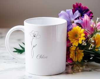 Personalized Birth Flower Coffee Cup With Name , Personalized Birth Flower Mug, Bridesmaid Proposal, Gifts for Her, Ceramic Mugs