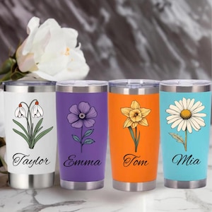 Personalized Birth Flower 20oz Tumbler, Laser Engraved Tumbler, Stainless Steel Mug, Insulated Tumbler, Birth Flower Tumbler