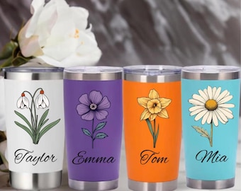 Personalized Birth Flower 20oz Tumbler, Laser Engraved Tumbler, Stainless Steel Mug, Insulated Tumbler, Birth Flower Tumbler